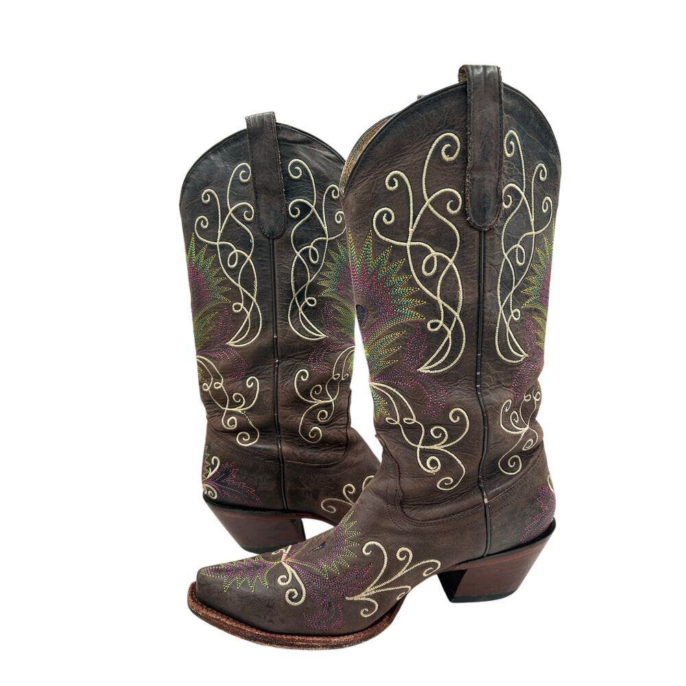 Tony Lama Women's Espresso  Western leather cowgirl boots peacock feather SZ 8 - Picture 2 of 9
